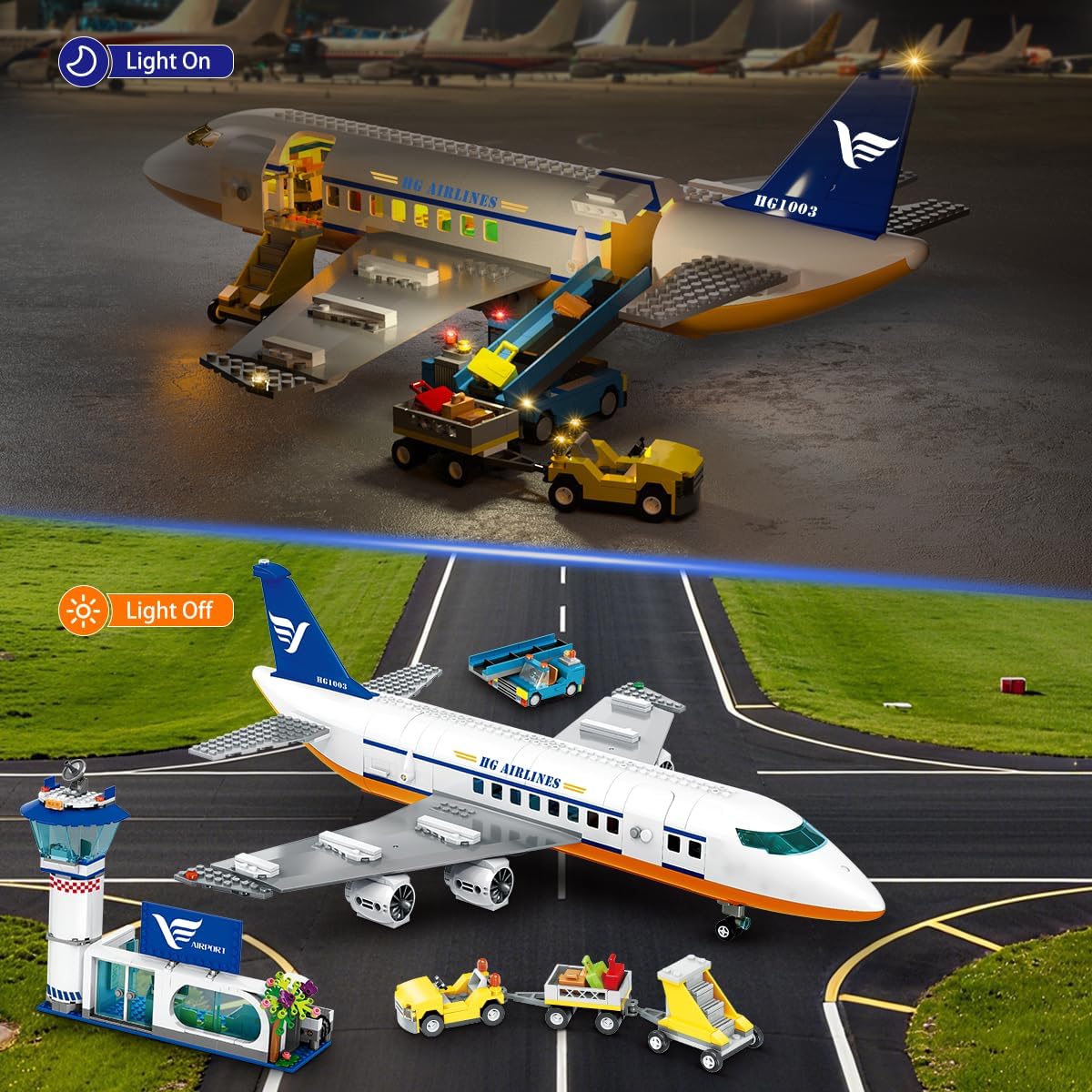 Detalle de CUBIMANA 901PCS Flughafen Bauspielzeug – Großes City Passagierflugzeug mit LED-Beleuchtung, Terminal, Turm und Gepäckwagen