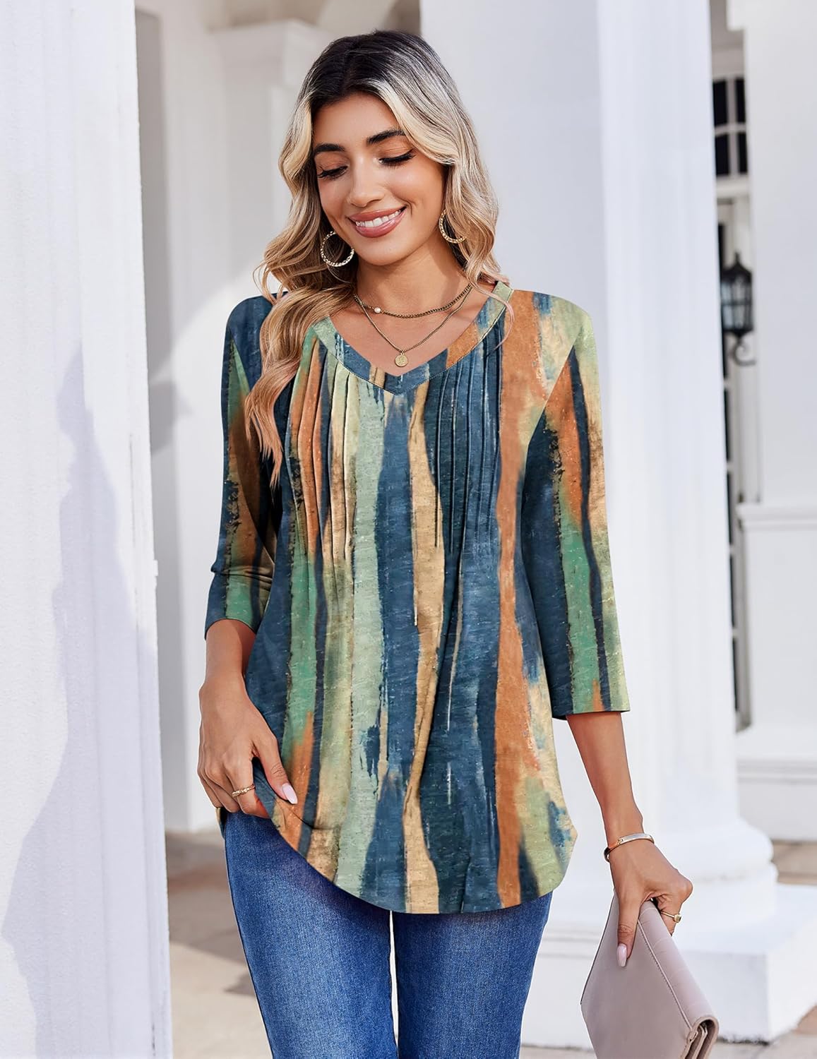 Detalle 2 de Zeagoo 3/4 Sleeve V Neck Pleated Top