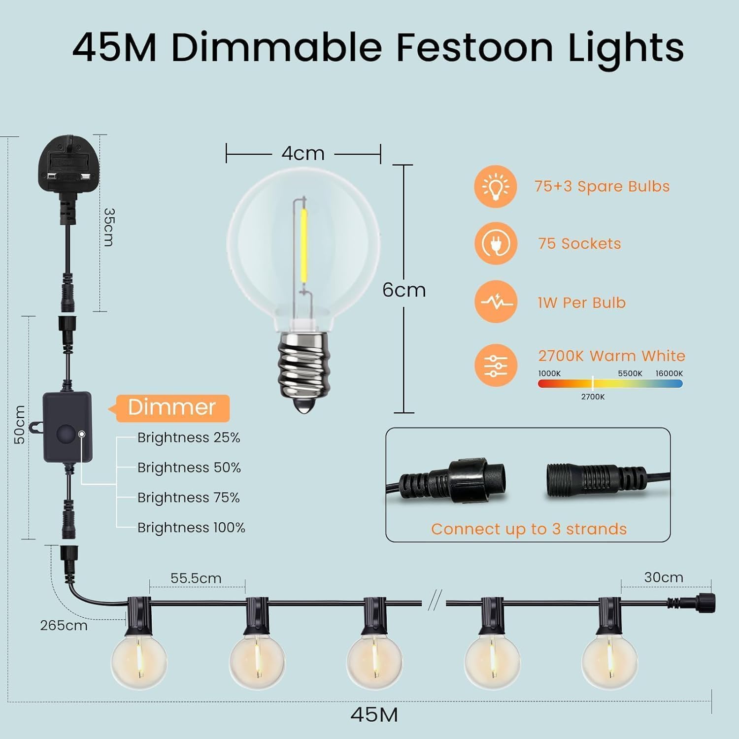 Thumbnail 6 de Yuucio G40 Catena Luminosa da Esterno 45 m Dimmerabile LED con Telecomando, 75+3 lampadine in plastica, IP45, Bianco Caldo 2700K