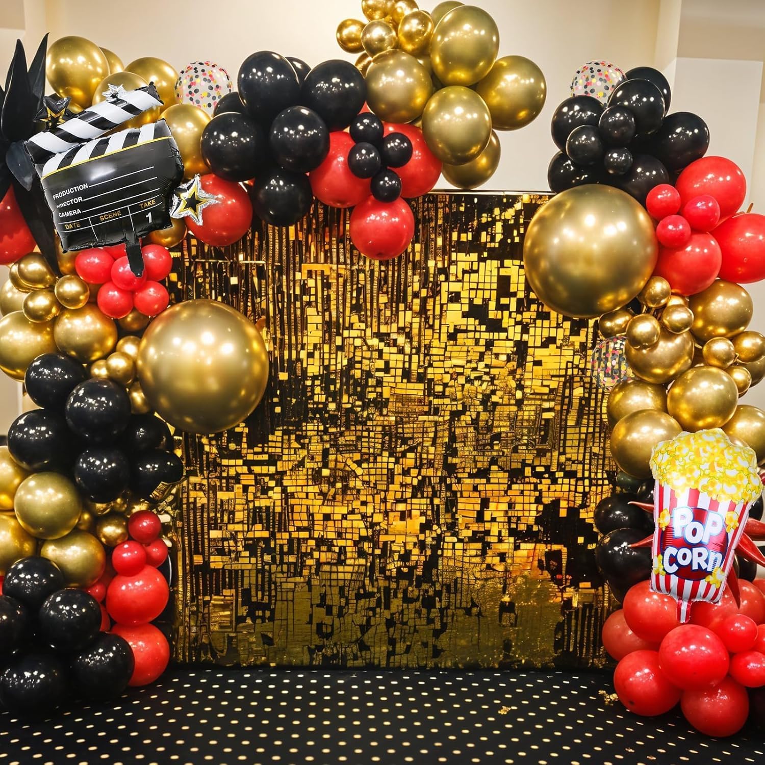 Thumbnail 5 de Movie Night Party Balloons (35 pcs) Red, Black & Gold Confetti with Film Clapboard & Pop Corn Foil Balloon