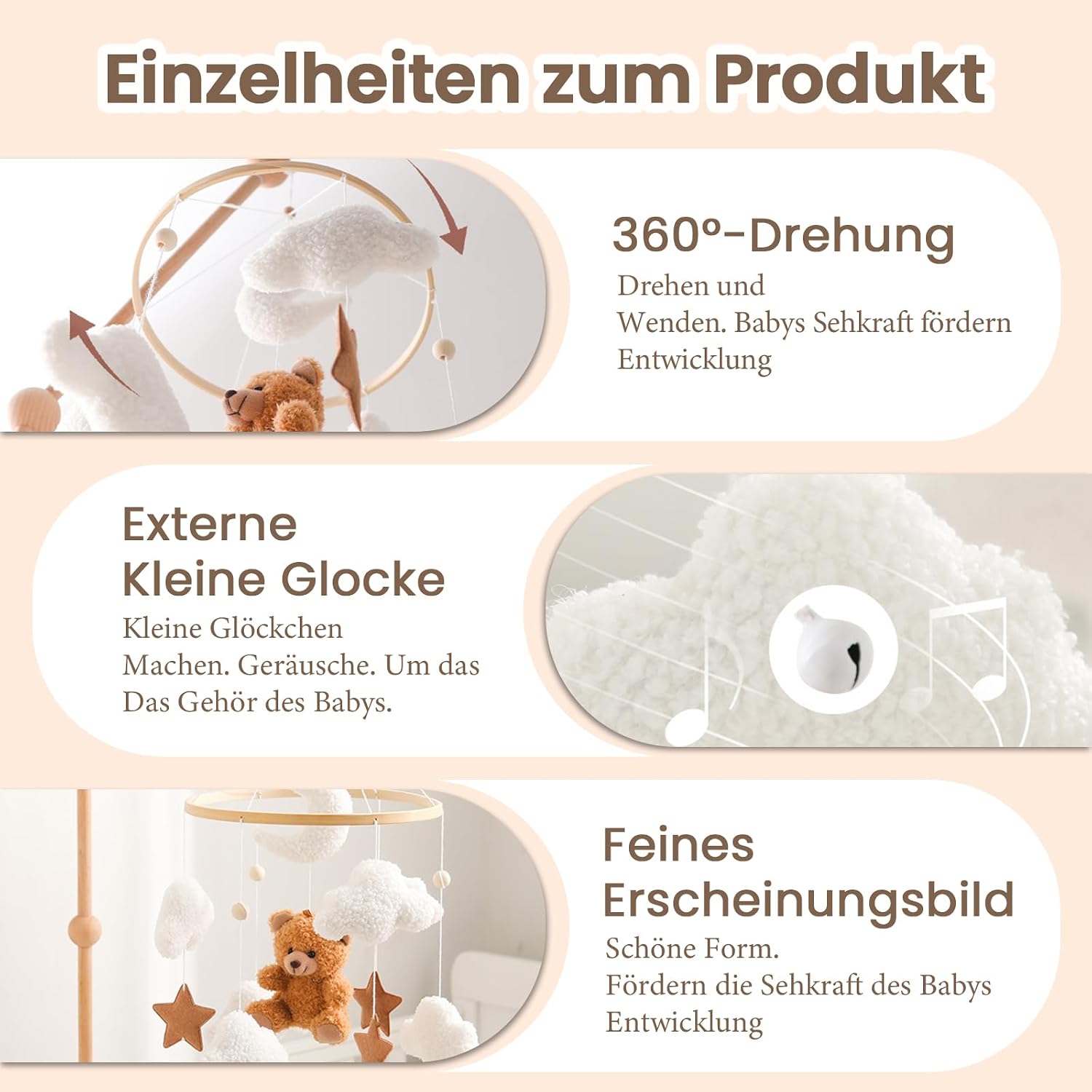 Thumbnail 4 de Herfair Mobile Baby Bettglocke mit Teddybär – Filz-Design in Braun