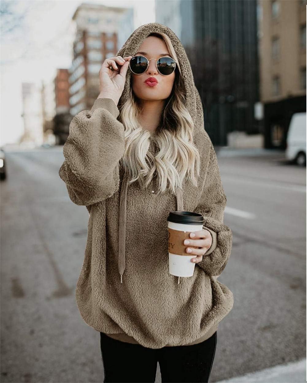 Detalle 2 de onlypuff Fuzzy Sherpa Pullover Hoodie for Women with Drawstring and Pocket