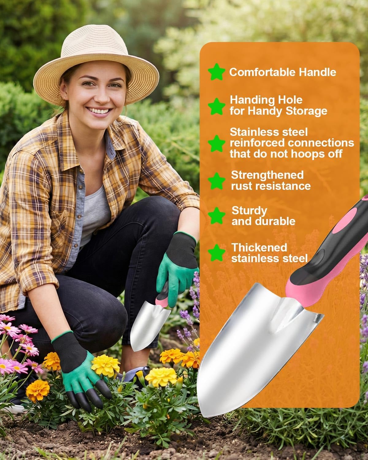 Detalle 2 de Garden Tools Set 7 Pack (Stainless Steel) with Storage Tote Bag – Pink ergonomic kit for everyday gardening