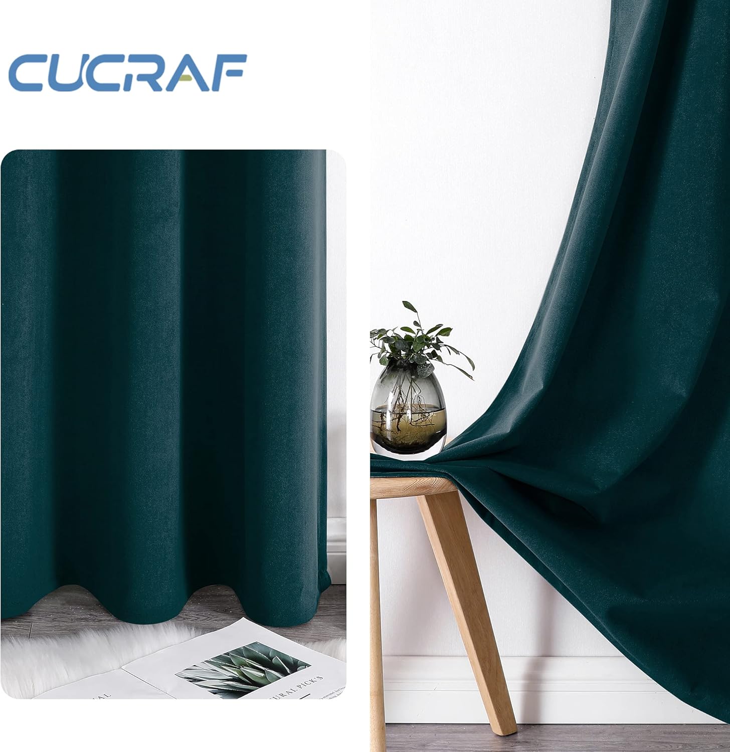 Thumbnail 2 de CUCRAF Thermal Insulated Velvet Curtains (Teal) Eyelet Ring Top — 2 Panels, Blackout for Kids Room & Living Room