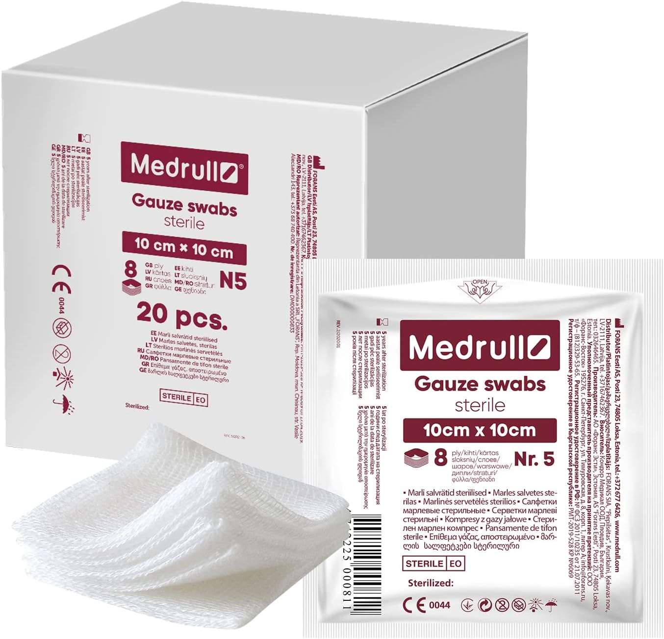 Detalle de Medrull Mulltupfer Steril 10 × 10 cm – Nicht klebende Wundauflagen, 8‑lagig, extra saugfähig, 100 Stück (in 20 Papierbeuteln)