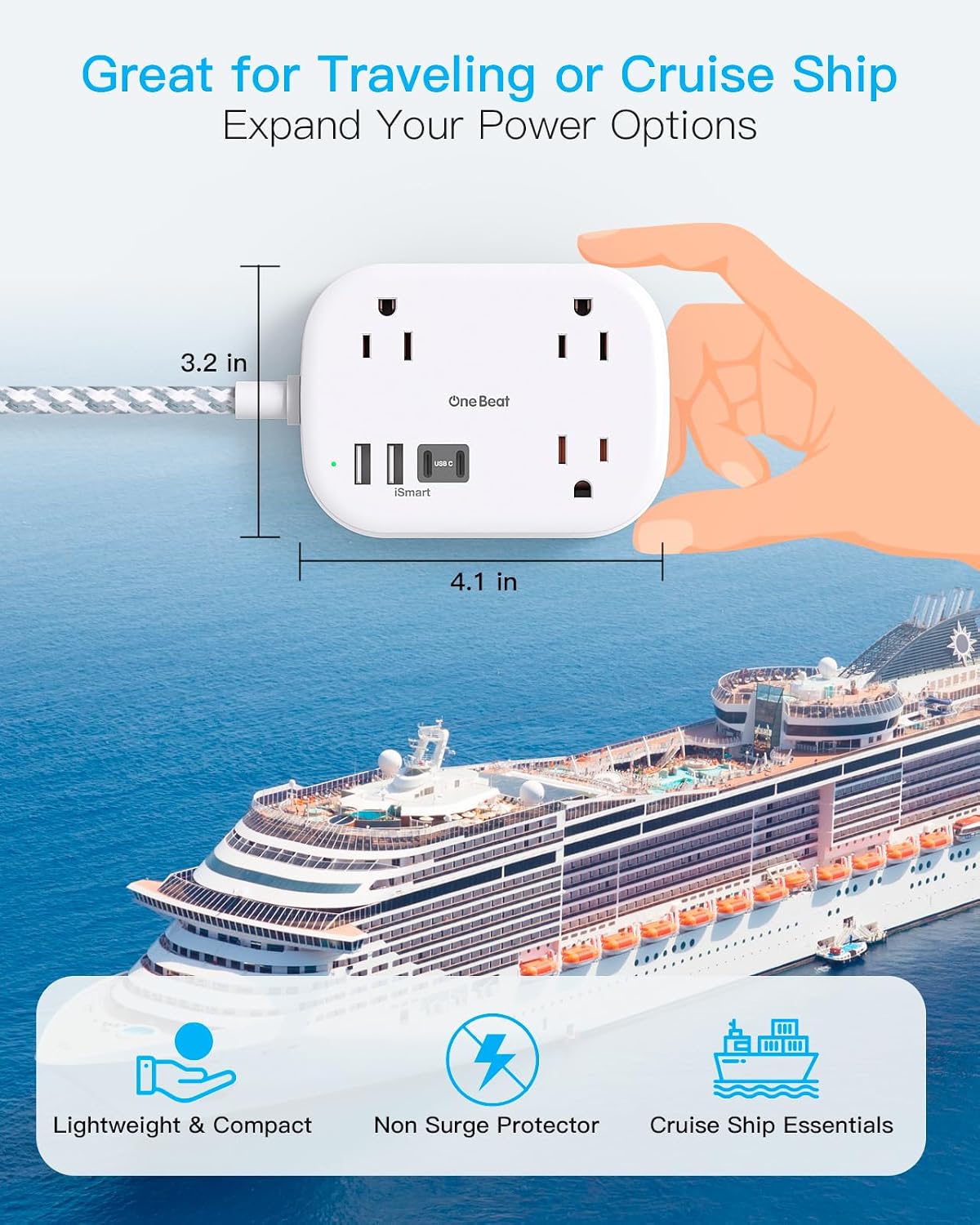 Detalle de Cruise Essentials 2026: One Beat Travel Power Strip with USB-C (7-in-1) for Cruise, Dorms, and Hotels