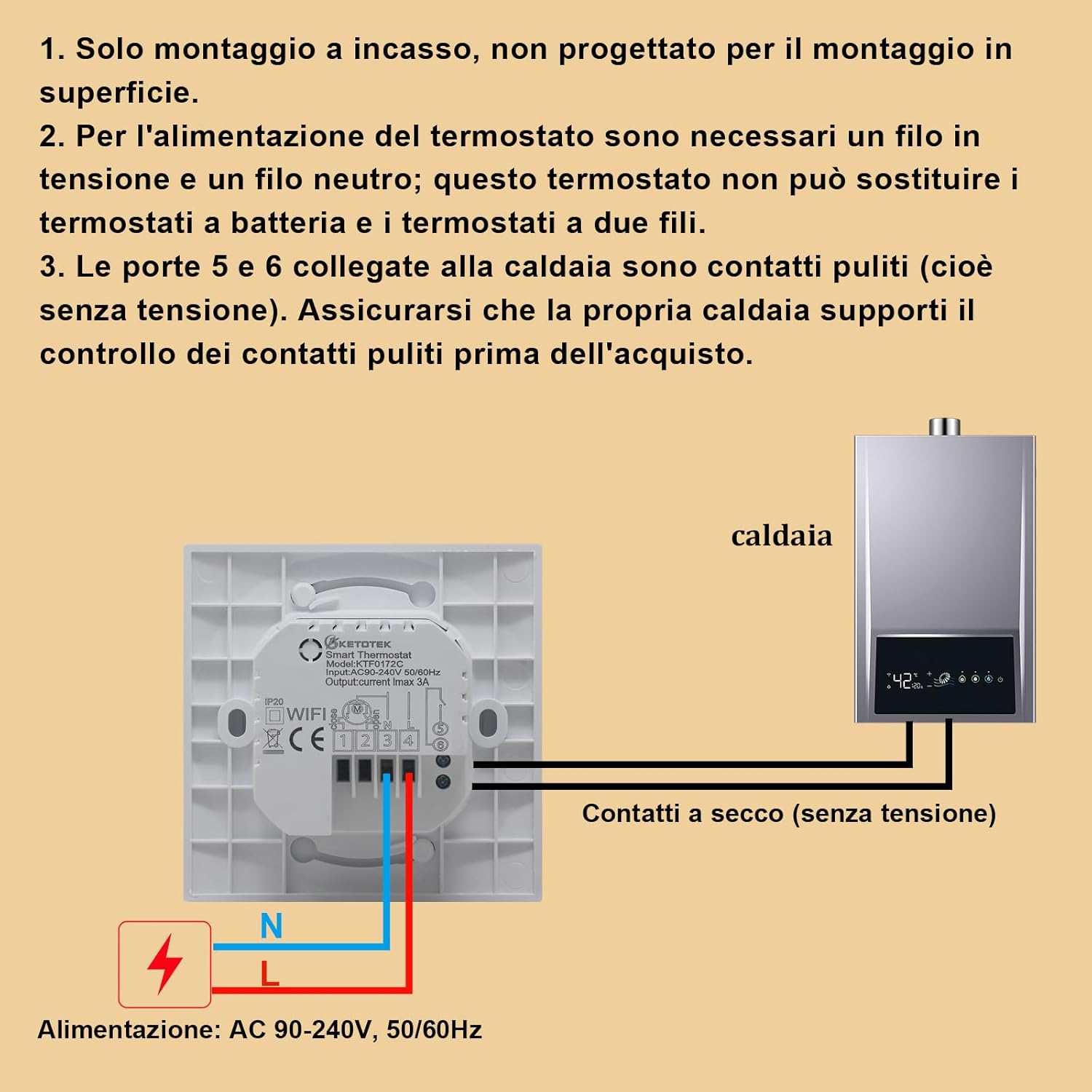 Thumbnail 3 de KETOTEK Termostato WiFi 3A 220V per caldaia e riscaldamento a pavimento (incassato) compatibile con Alexa e Smart Life/Tuya
