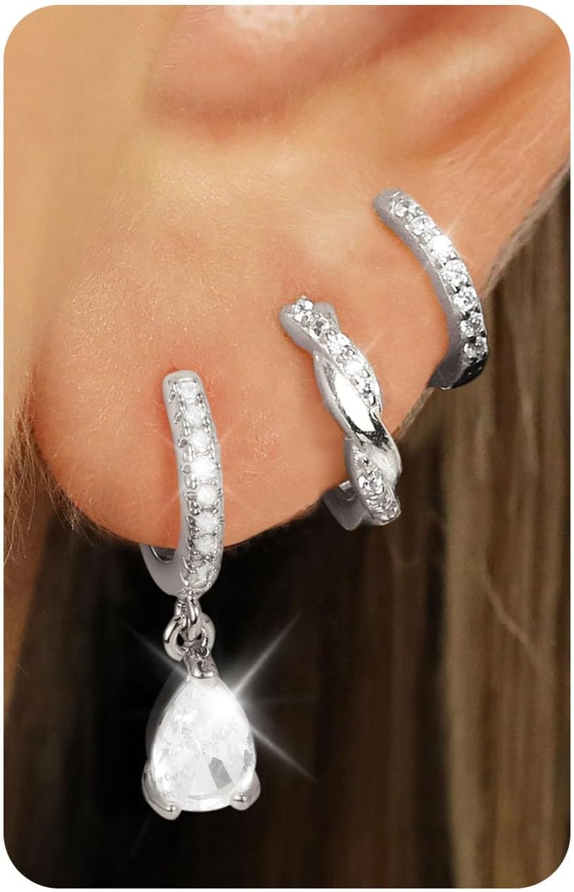 Thumbnail 6 de ZHESHY - Lot de 3 Boucles d'Oreilles Argent 925 Plaqué Or 14K pour Femme - Clous, Créoles Huggi et Pendantes