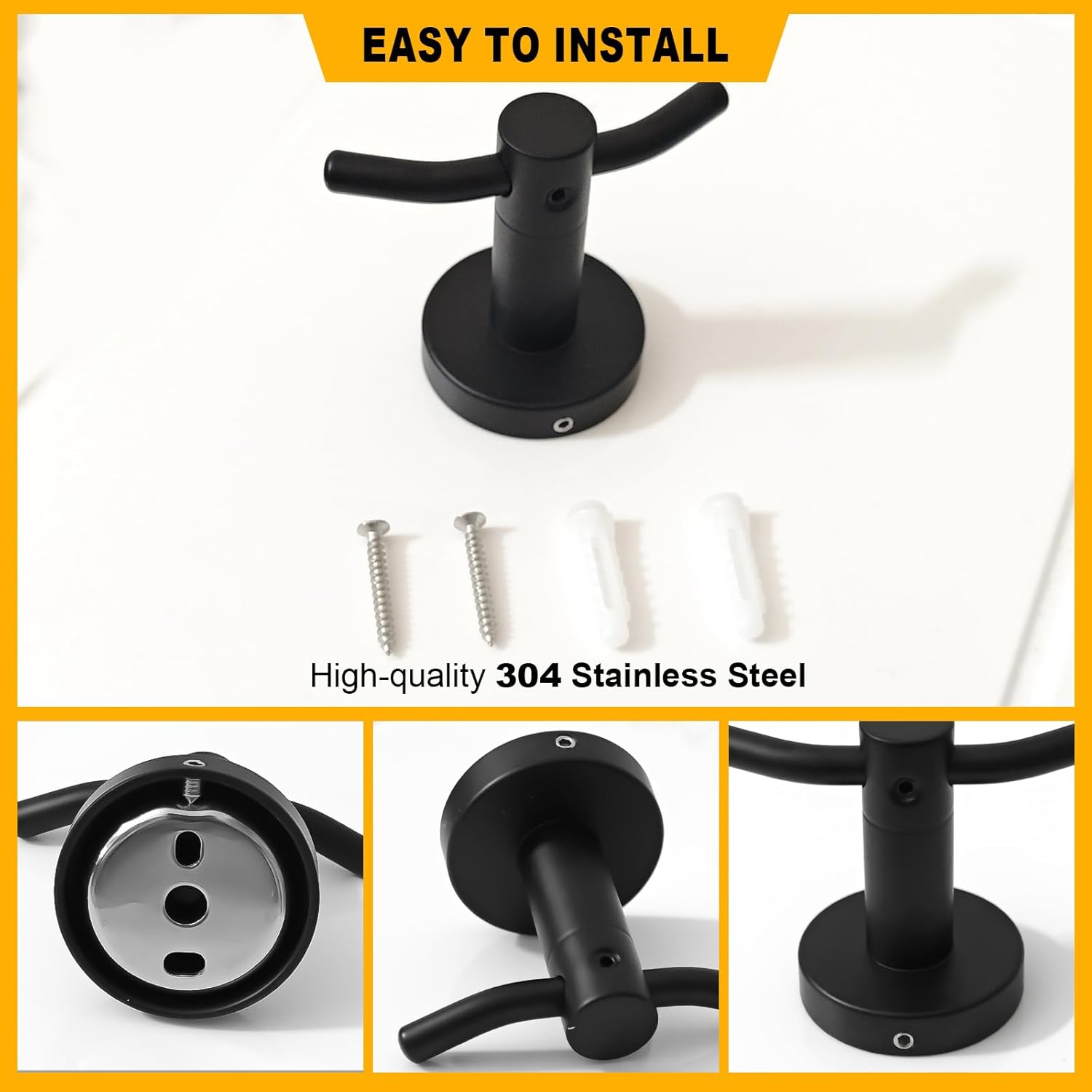 Thumbnail 2 de Yundoza Towel Hooks for Bathroom (Matte Black, 2 Pack) – Stainless Steel Screw-in Door Hooks