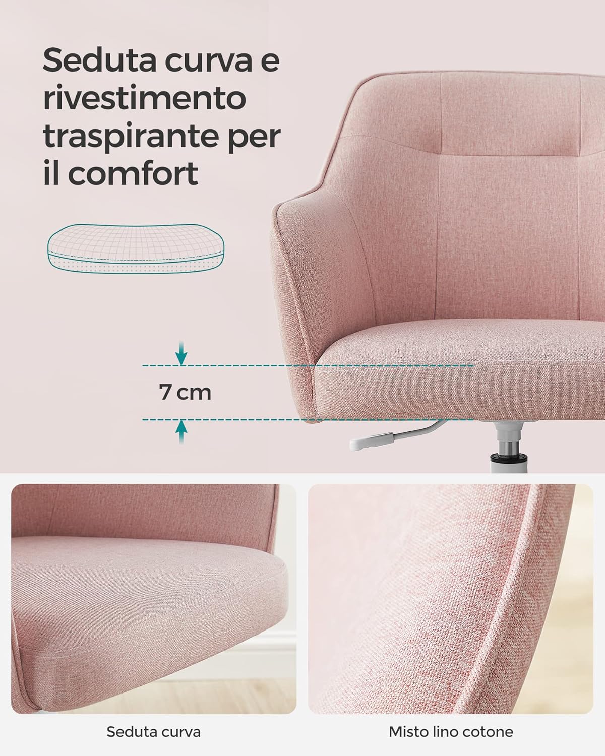 Detalle de Sedia da studio girevole SONGMICS con altezza regolabile, portata 110 kg e tessuto cotone-lino rosa OBG019P01