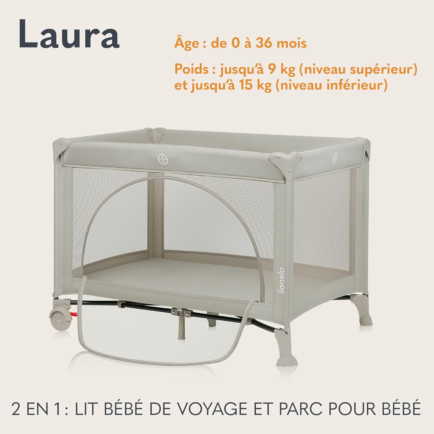 Thumbnail 1 de LIONELO Laura 2en1 Lit de Voyage et Parc Bébé – jusqu'à 15 kg, beige sand / gris