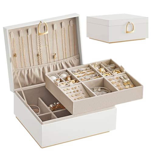 Detalle de Joyero SONGMICS de 2 capas con asa y efecto flotante (JBC165W01) en blanco con detalles dorados