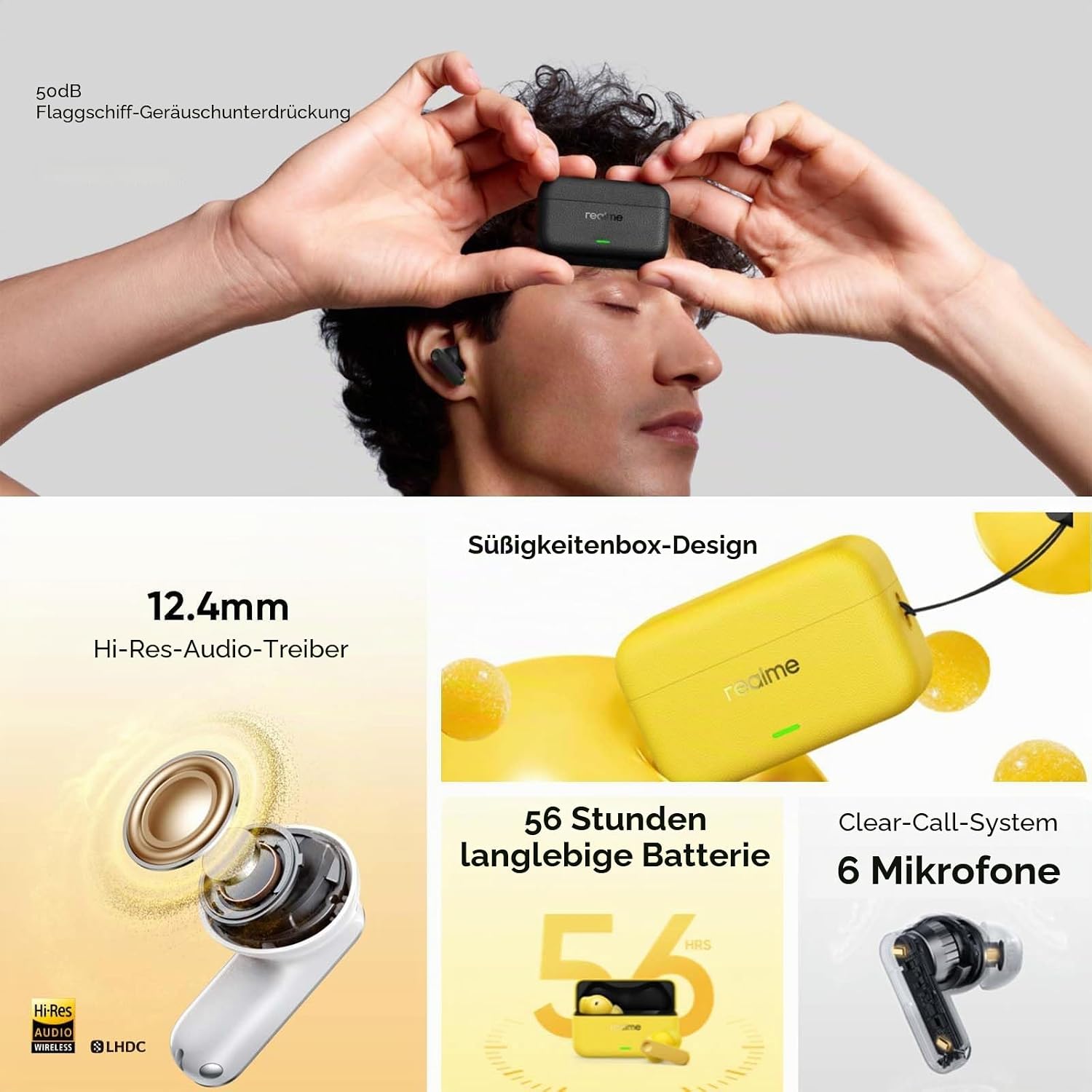 Detalle de realme Buds T500 Pro In-Ear Kopfhörer – 50 dB ANC, 56 Stunden Spielzeit, Hi-Res Sound, IP55, 3-Geräte-Verbindung