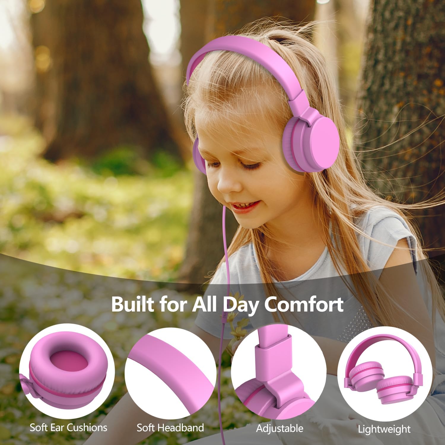 Detalle de Kids Headphones Wired: Safe Volume-Limited On-Ear Headphones for Kids (Pink)