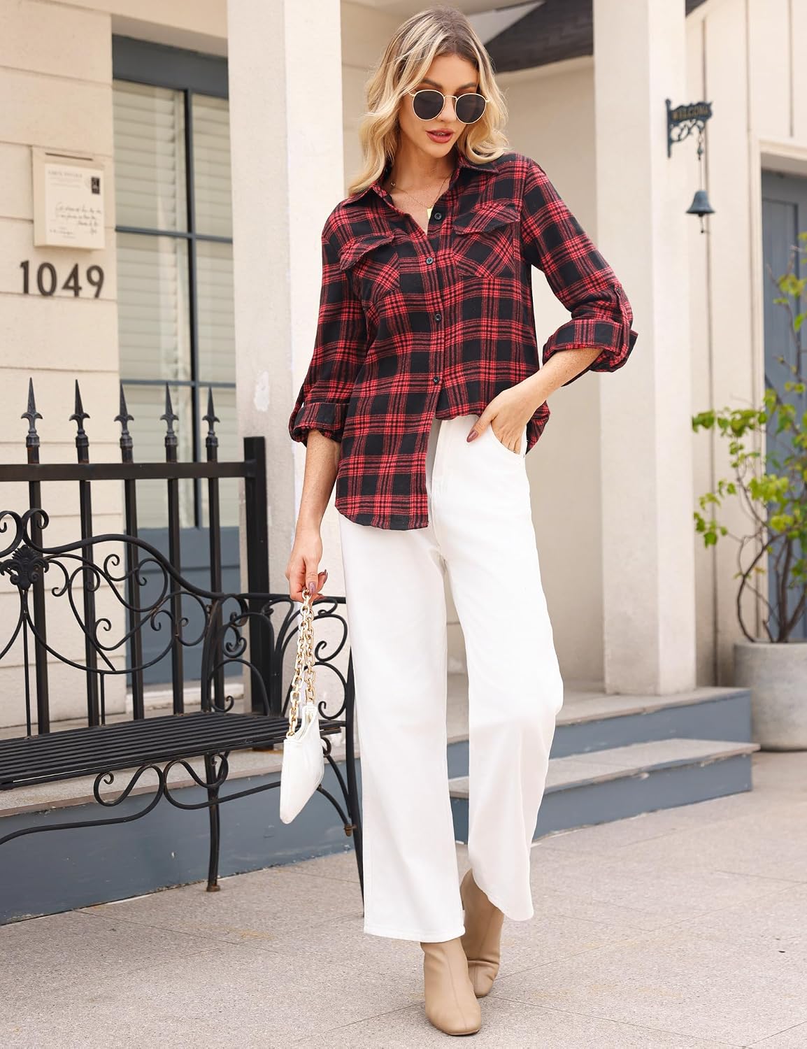 Thumbnail 4 de Irevial Blouses chic en coton à carreaux, boutonnée, manches longues