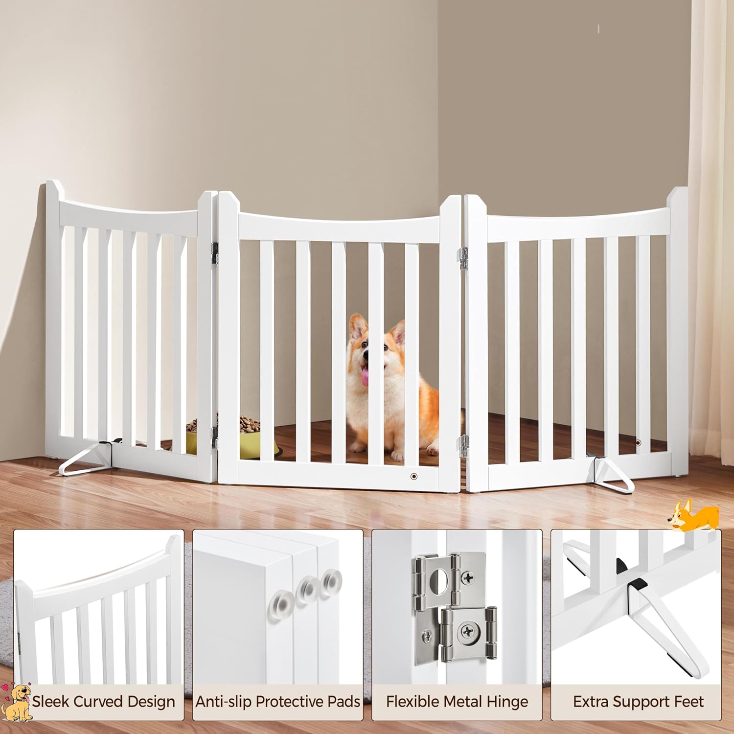 Thumbnail 4 de Yaheetech Wooden 3-Panel Indoor Pet Gate with Freestanding Design