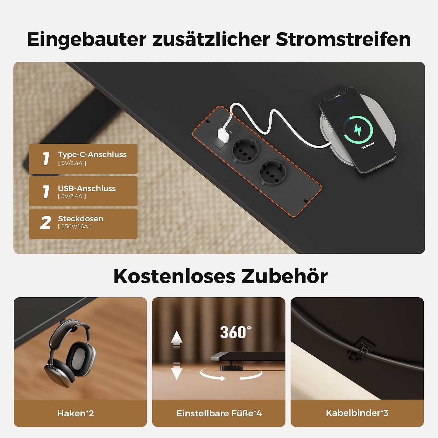 Detalle de Agilestic: Höhenverstellbarer Schreibtisch mit beweglichem Monitorständer – 120 x 60 cm, elektrisch, inkl. USB-Dose & LED-Lichtleiste