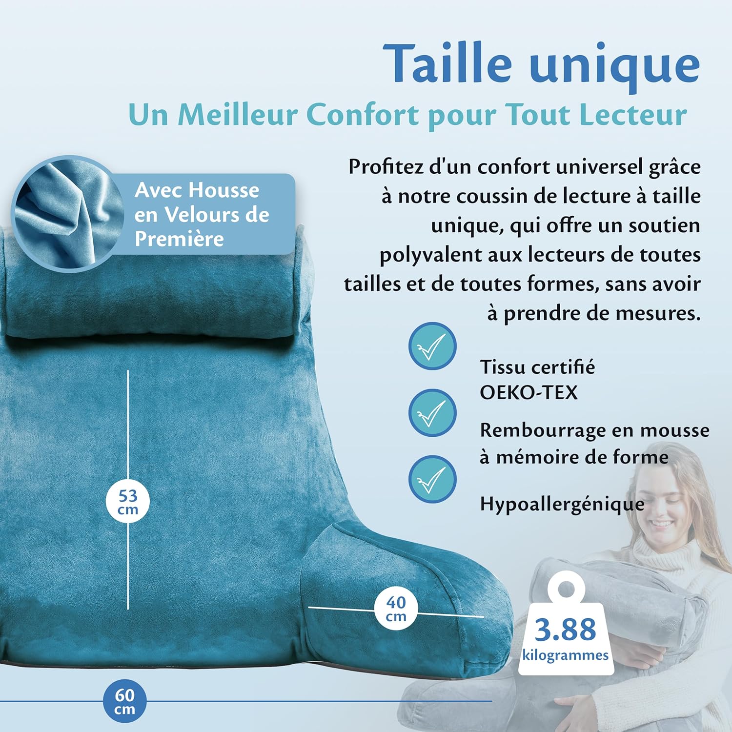 Thumbnail 4 de Ella Coussin de lecture avec rouleau de cou et accoudoirs en velours (bleu) — oreiller pour fauteuil, dos et nuque