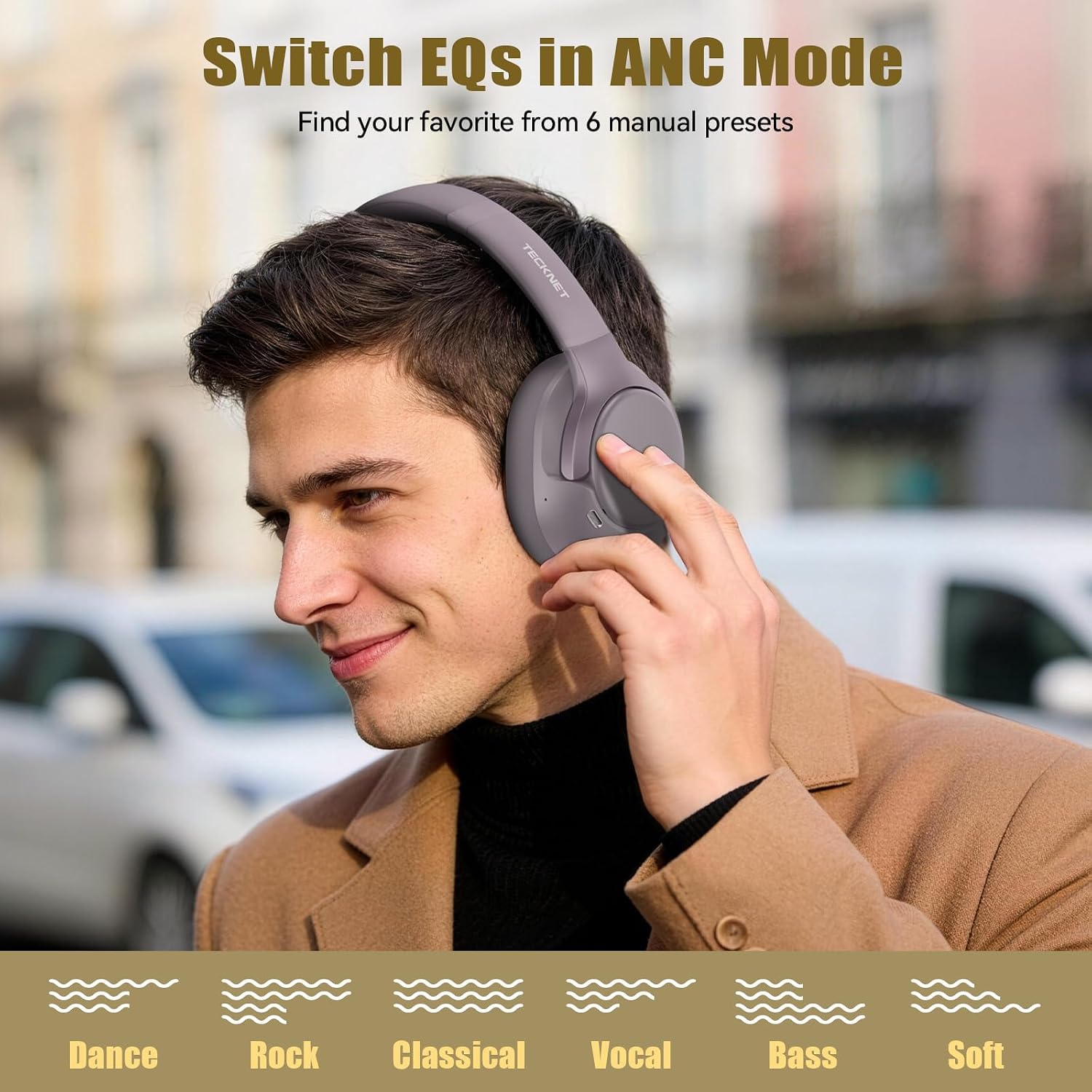 Detalle de TECKNET Active Noise Cancelling Headphones: Hybrid ANC, 70h Battery and 6 EQ Modes