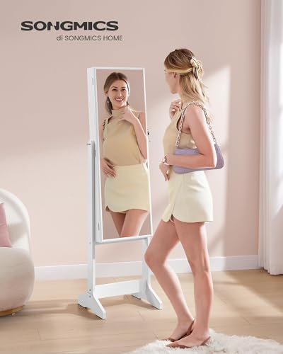 Detalle de SONGMICS Specchio Portagioie da Terra JJC69WT – Specchio a figura intera con serratura, superficie bianca e fodera nera