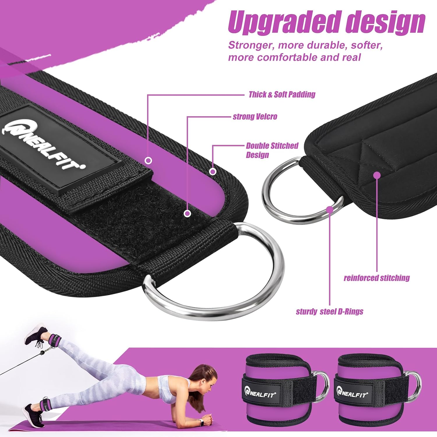 Detalle de NEALFIT Ankle Straps for Cable Machines, 7 mm Neoprene, Purple Pair