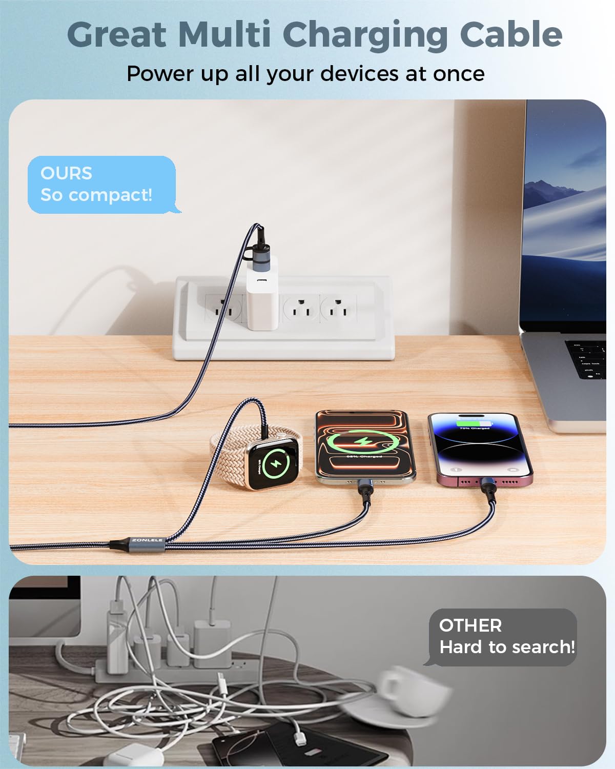 Thumbnail 5 de ZONLELE Travel Essentials 3-in-2 USB-C Multi Charging Cable for Apple Watch and iPhone – 4ft, Car/Travel Friendly
