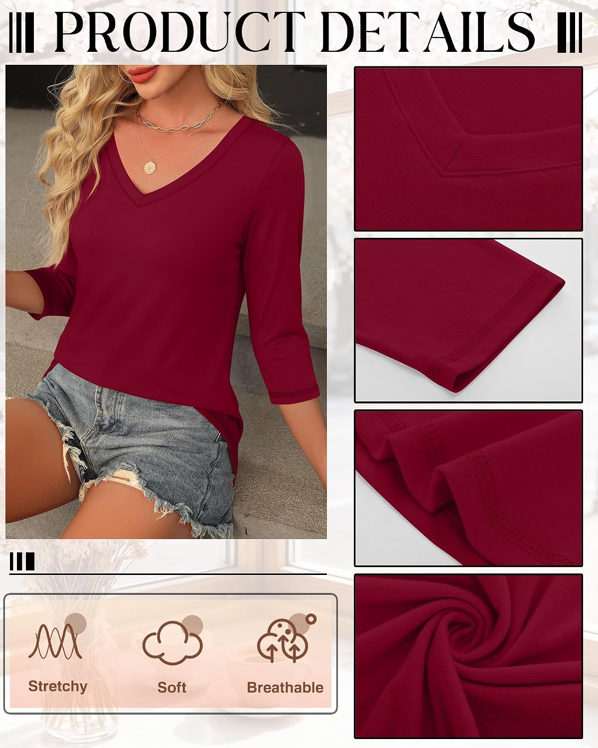 Thumbnail 3 de Ficerd 3 Pack Women's 3/4 Sleeve V-Neck T Shirts - Loose Fit Casual Tees