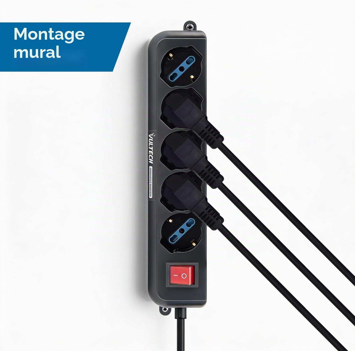 Detalle de Vultech MU-UPS01 Multiprise avec 5 prises et interrupteur on/off, connecteur IEC14