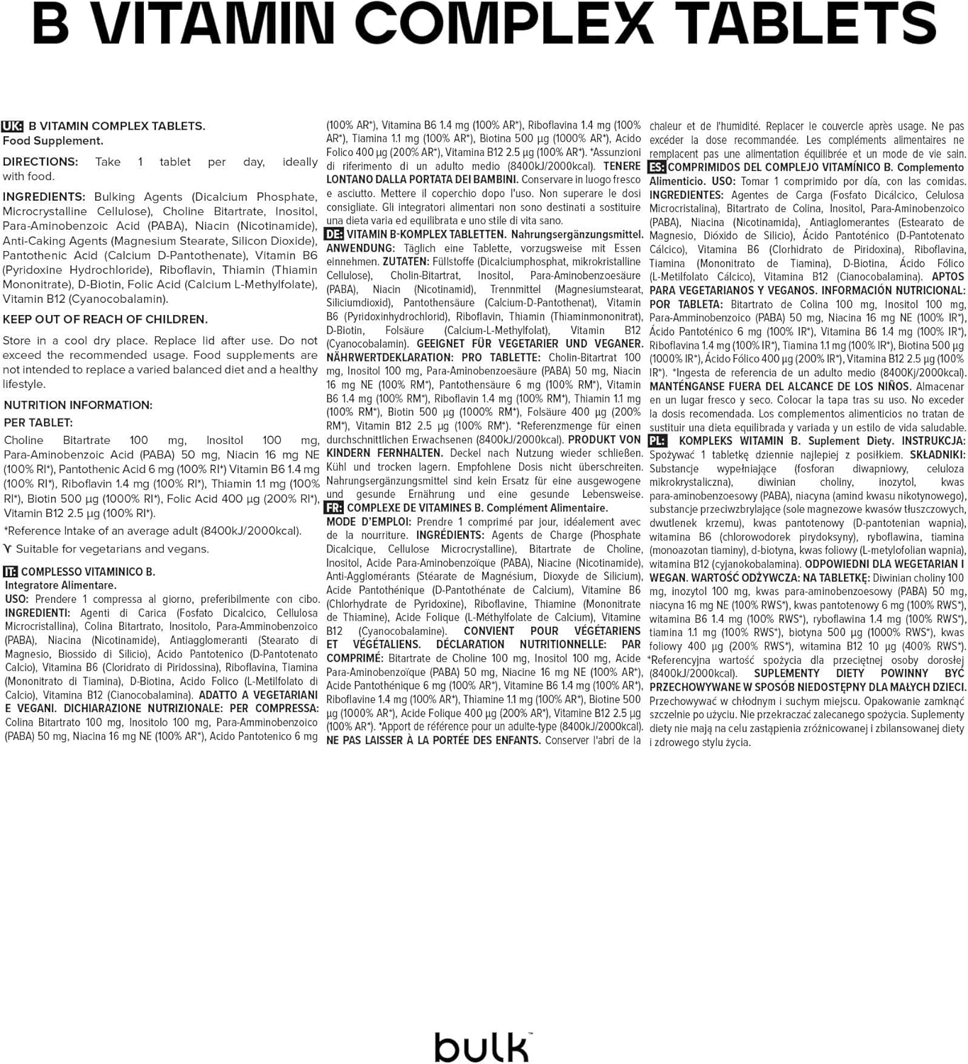 Detalle 1 de Bulk Vitamina B✔️ Comprimidos con Biotina y Colina, 60 Dosis