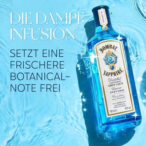 Detalle de Bombay Sapphire London Dry Gin – Dampfinfusion mit 10 handverlesenen Botanicals, 40% vol., 700 ml