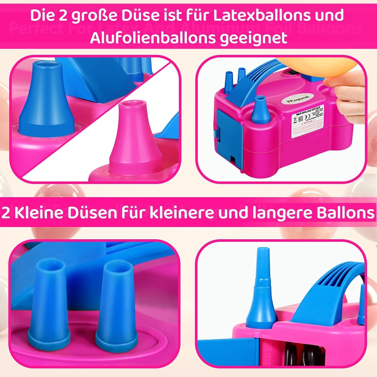 Detalle de FLSEPAMB Elektrische Luftballonpumpe – 600 W, 2 Düsen, 2 Modi, tragbar