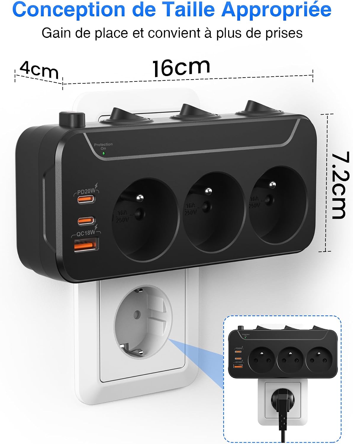 Thumbnail 6 de Multiprise 3 prises noire avec USB-C PD 20 W