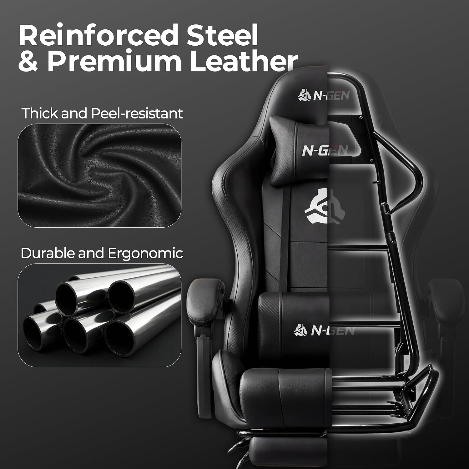 Thumbnail 5 de N-GEN GAMING NG2601A Gaming Chair with Footrest, Reclining Back, All Black