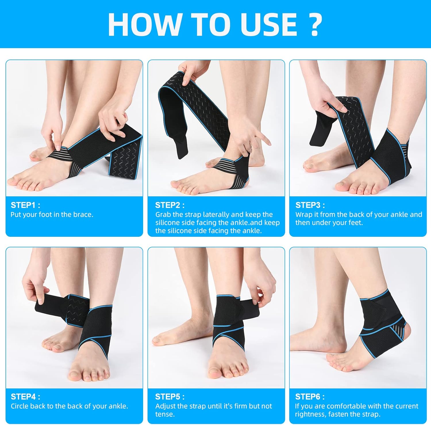 Thumbnail 4 de ACWOO Attelle de cheville Sport respirante réglable (2 pièces) avec bandes en silicone antidérapantes – Bleu