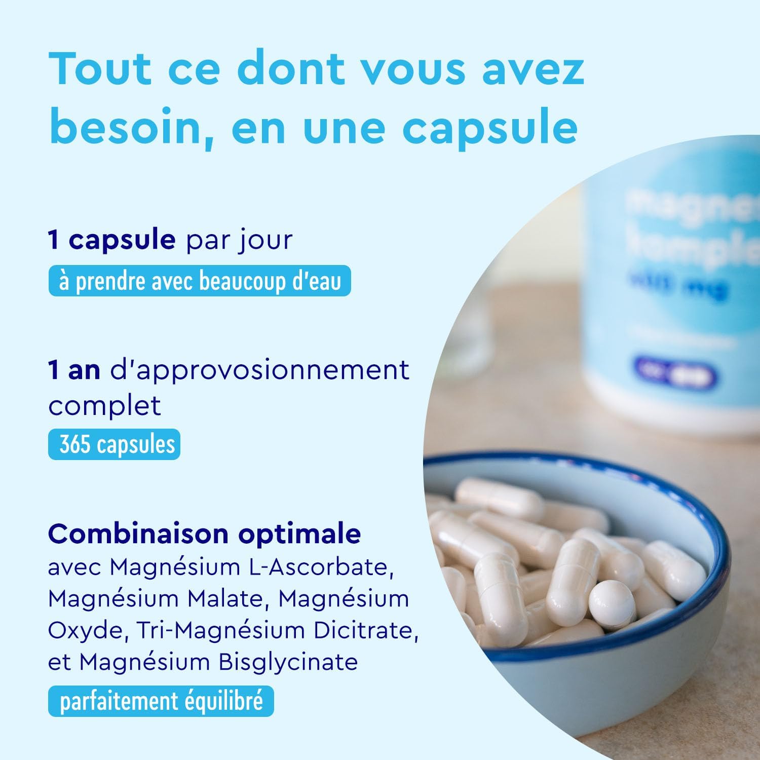 Detalle de Complexe de magnésium 200 mg – 365 gélules Premium 5-en-1 (bisglycinate, citrate, oxyde, malate & ascorbate)