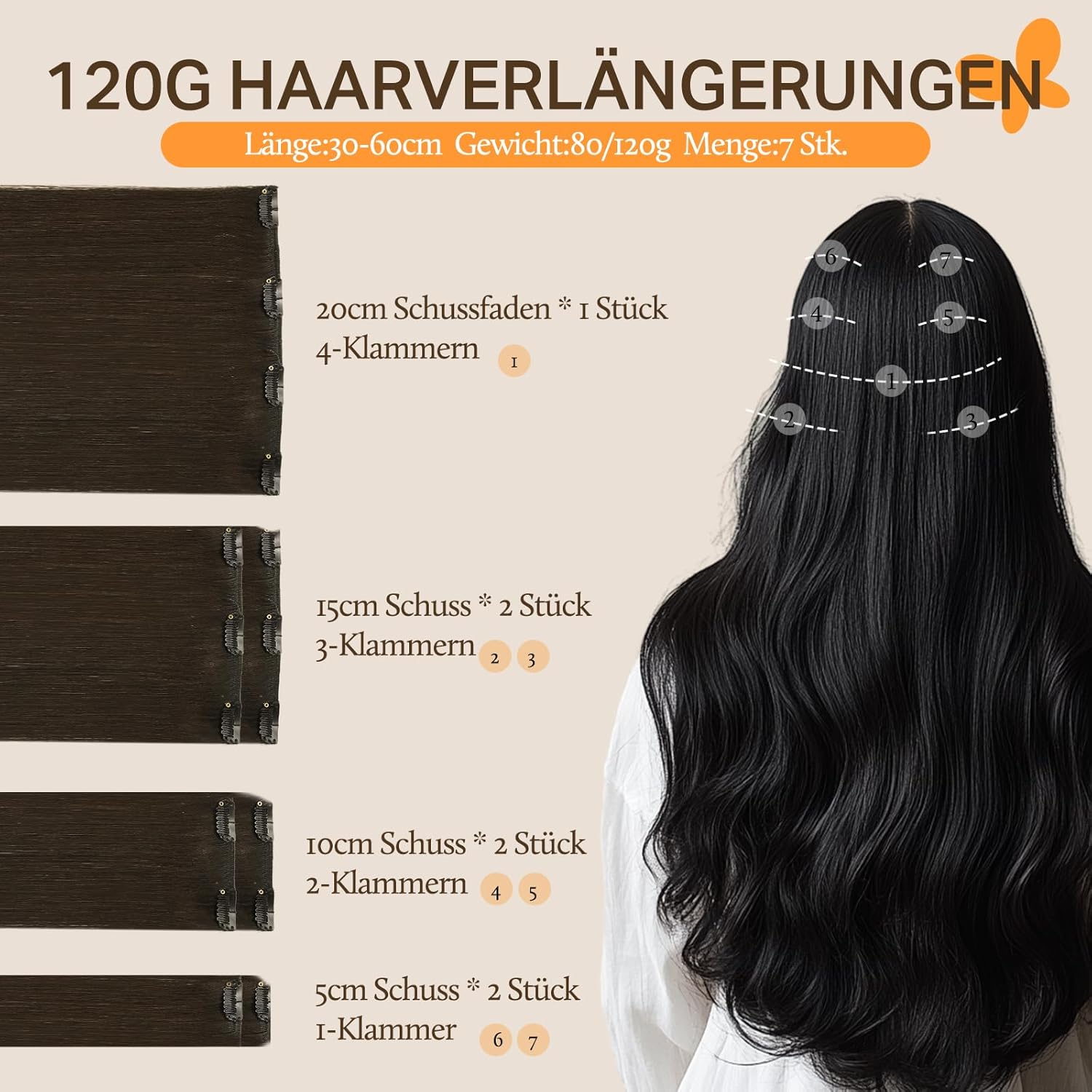 Thumbnail 1 de DOORES Human Hair Clip-In Extensions (Dark Brown, 24 Inch, 7pcs, 120g) Straight Remy Hair