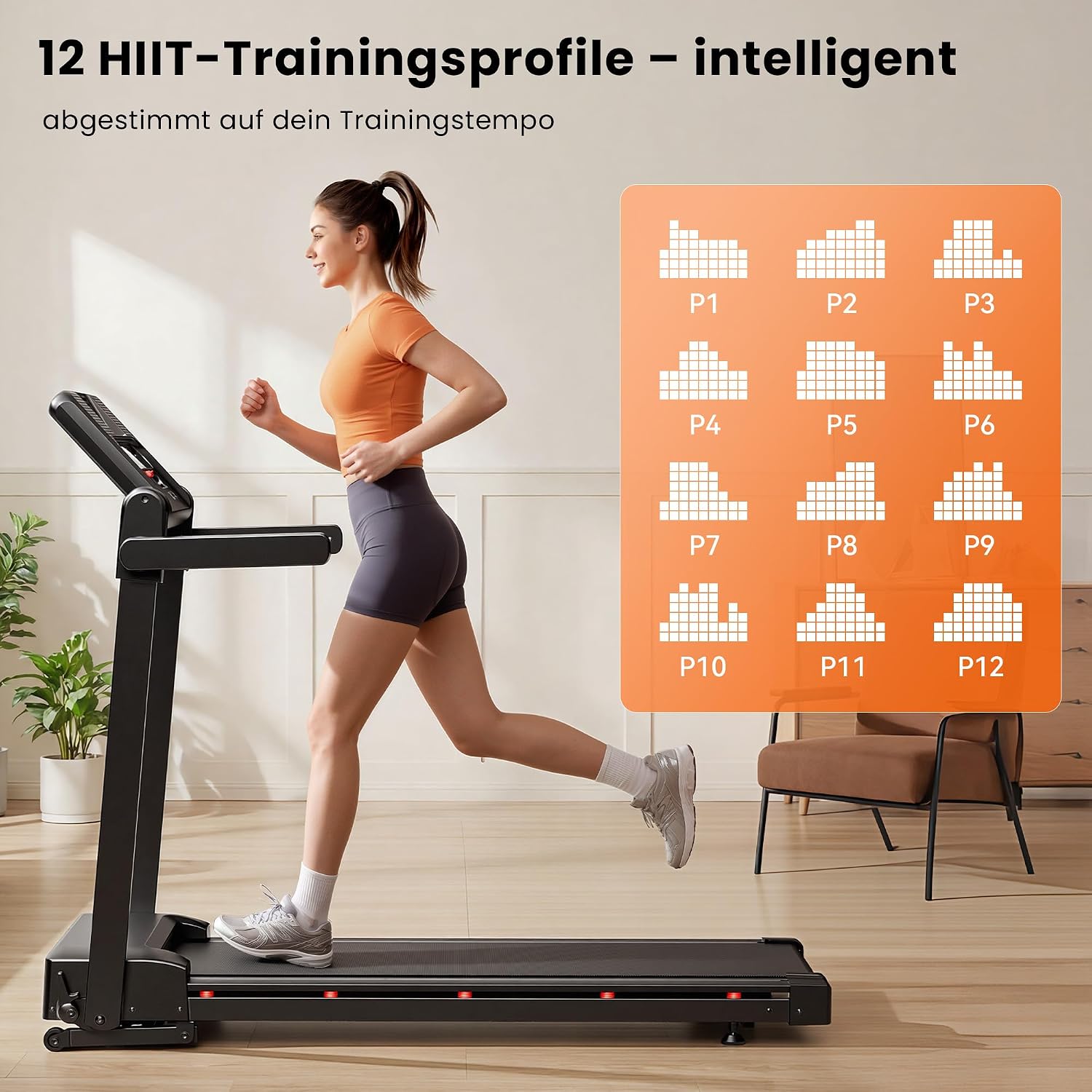 Detalle de Klappbares Laufband für Zuhause mit 15% automatischer Steigung, 3 PS Motor und Bluetooth-Lautsprecher