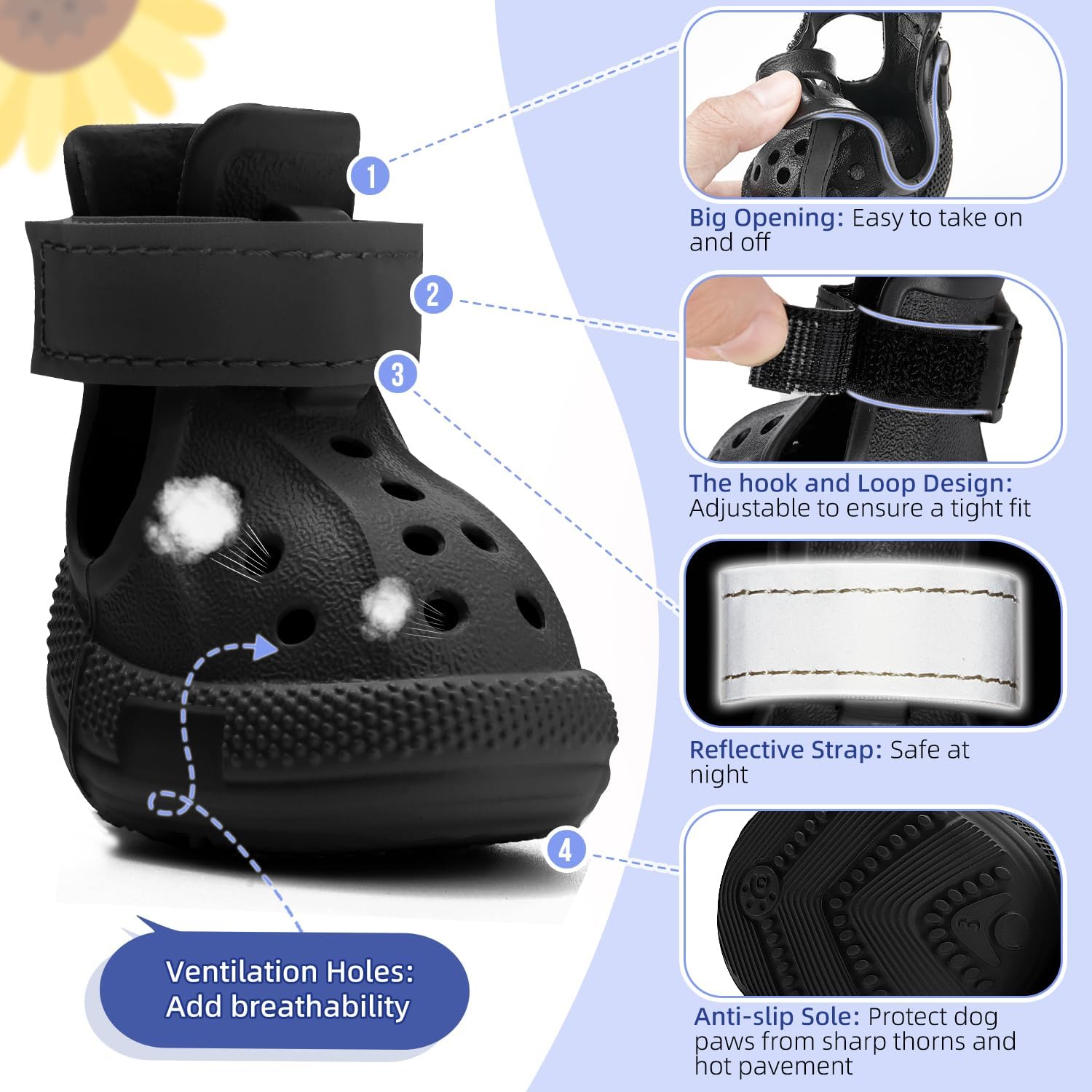 Detalle de SlowTon Dog Shoes for Hot Pavement: Breathable, Non-Slip Dog Sandals with Reflective Stripes