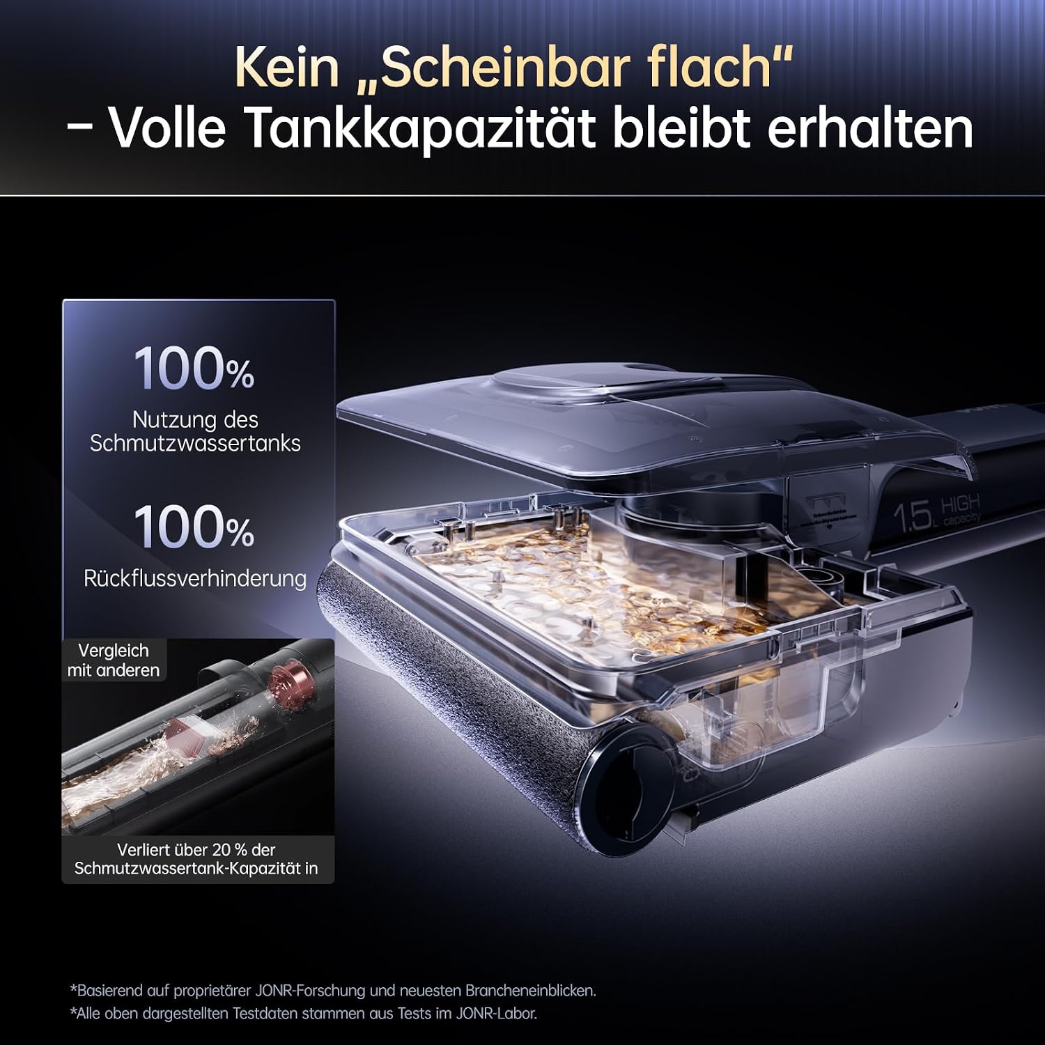 Detalle de JONR H2 PRO Nass- & Trockensauger – 20000 Pa, Heißwasser-Selbstreinigung, 1500 ml Frischwassertank, 600 ml Schmutzwassertank