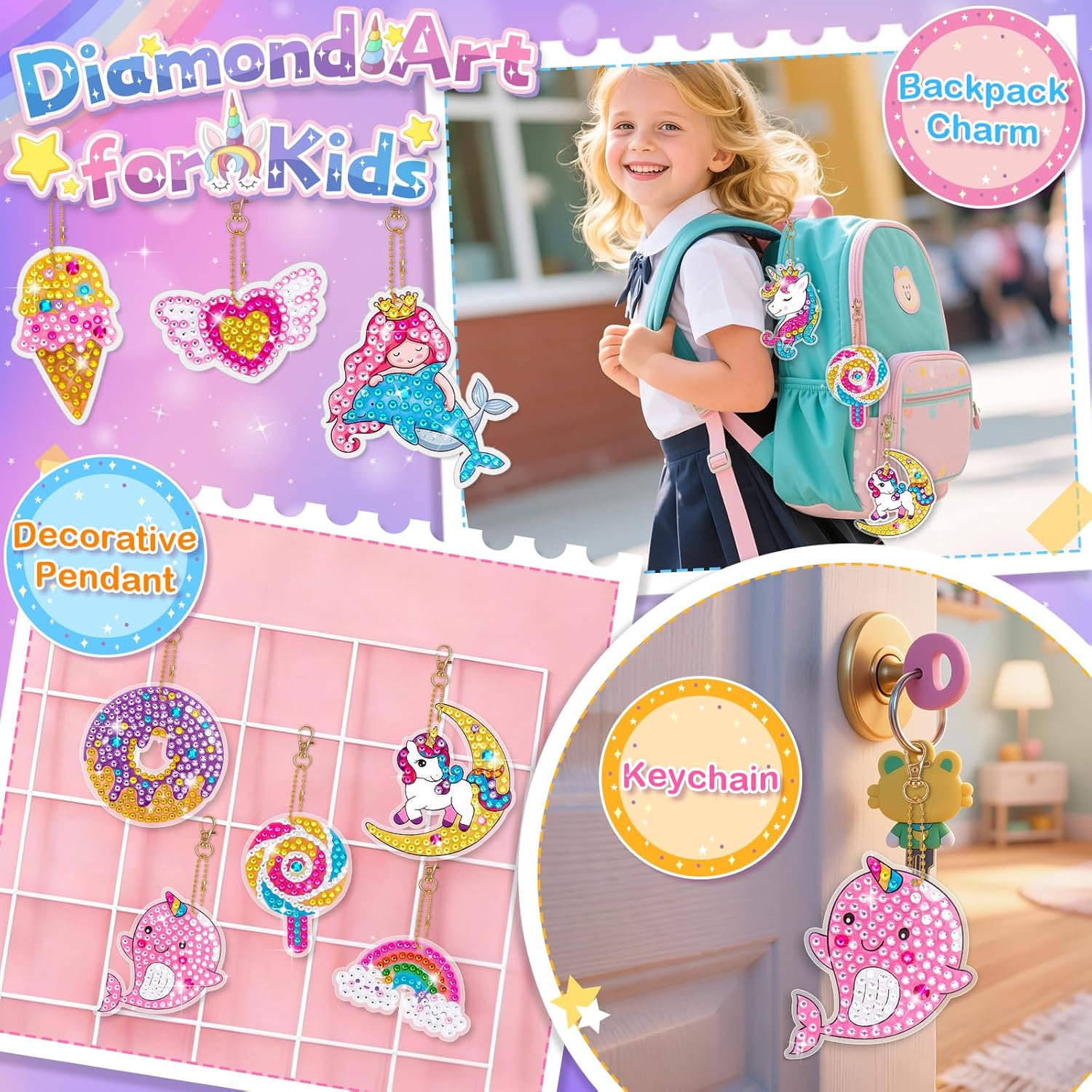 Detalle de Diamond Painting Art Keychain Kit for Girls (Unicorn) – DIY Gem Keyring Craft Set (Age 5–10)