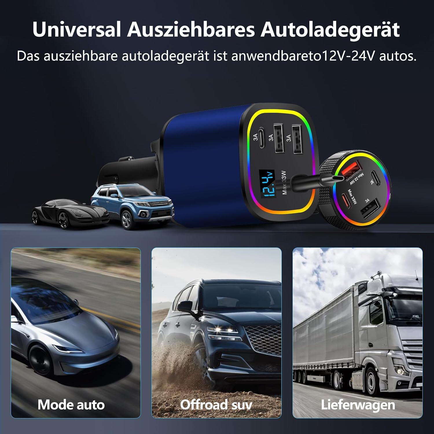 Detalle 2 de Austepax CR02+CR01 4-in-1 Car Charger Set, 78W Retractable USB-C Cable