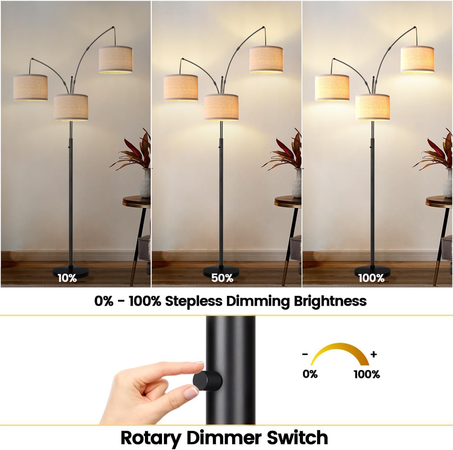Detalle de Dimmable Arc Floor Lamp with 3 Beige-Shaded Lights – 203 cm Tall, Heavy Base, Includes 3 LED Bulbs