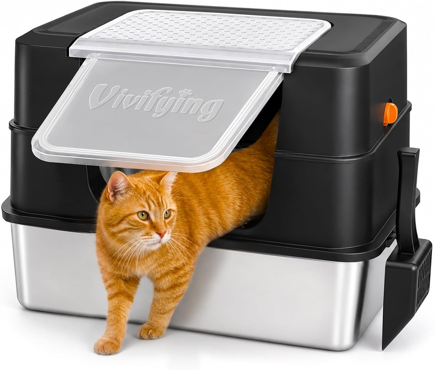 Detalle de Vivifying XL Stainless Steel Cat Litter Box with Lid, Side Entry, Black