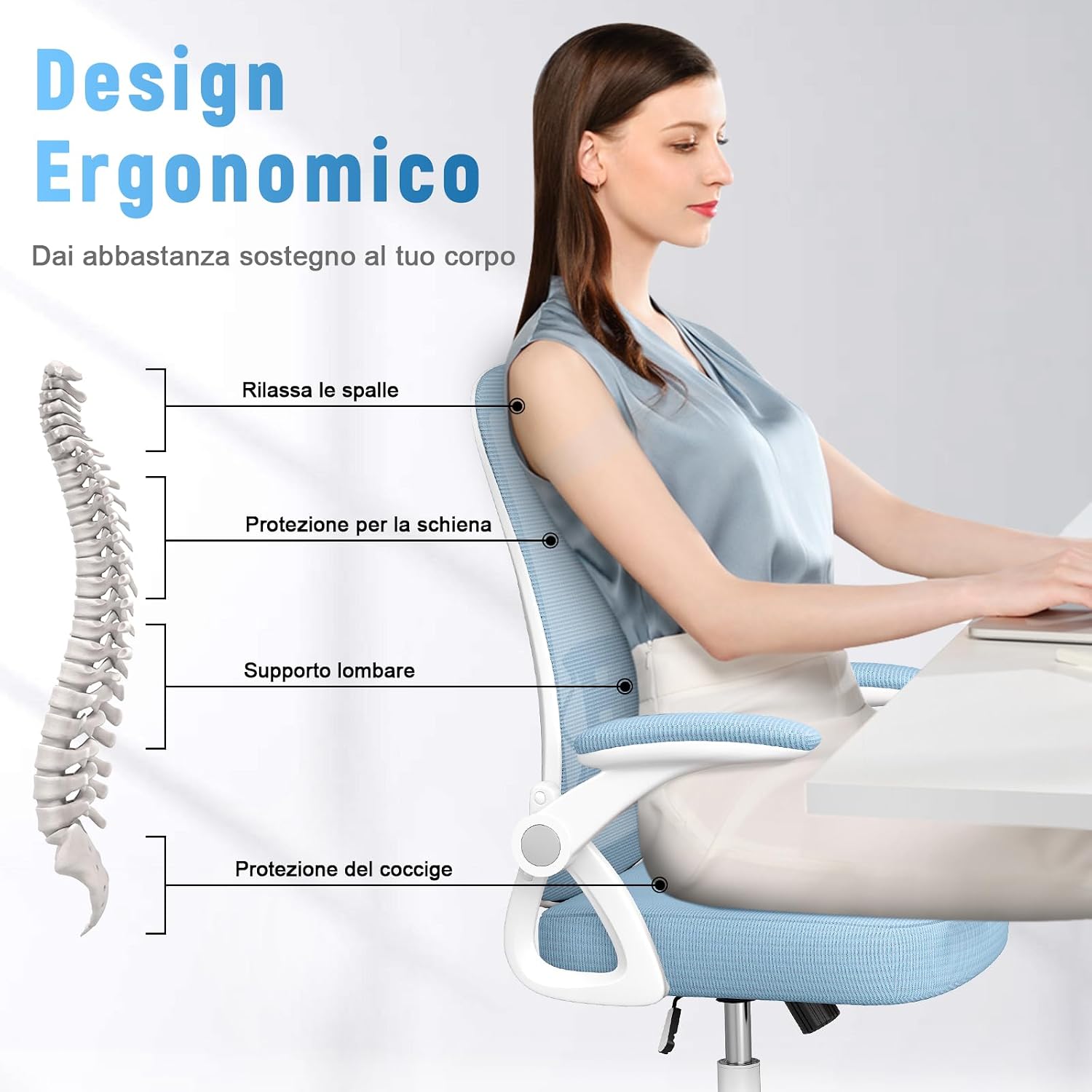 Detalle de Naspaluro Sedia da Ufficio Ergonomica: seduta regolabile, supporto lombare e poggiatesta, rete traspirante, braccioli 90° e schienale reclinabile