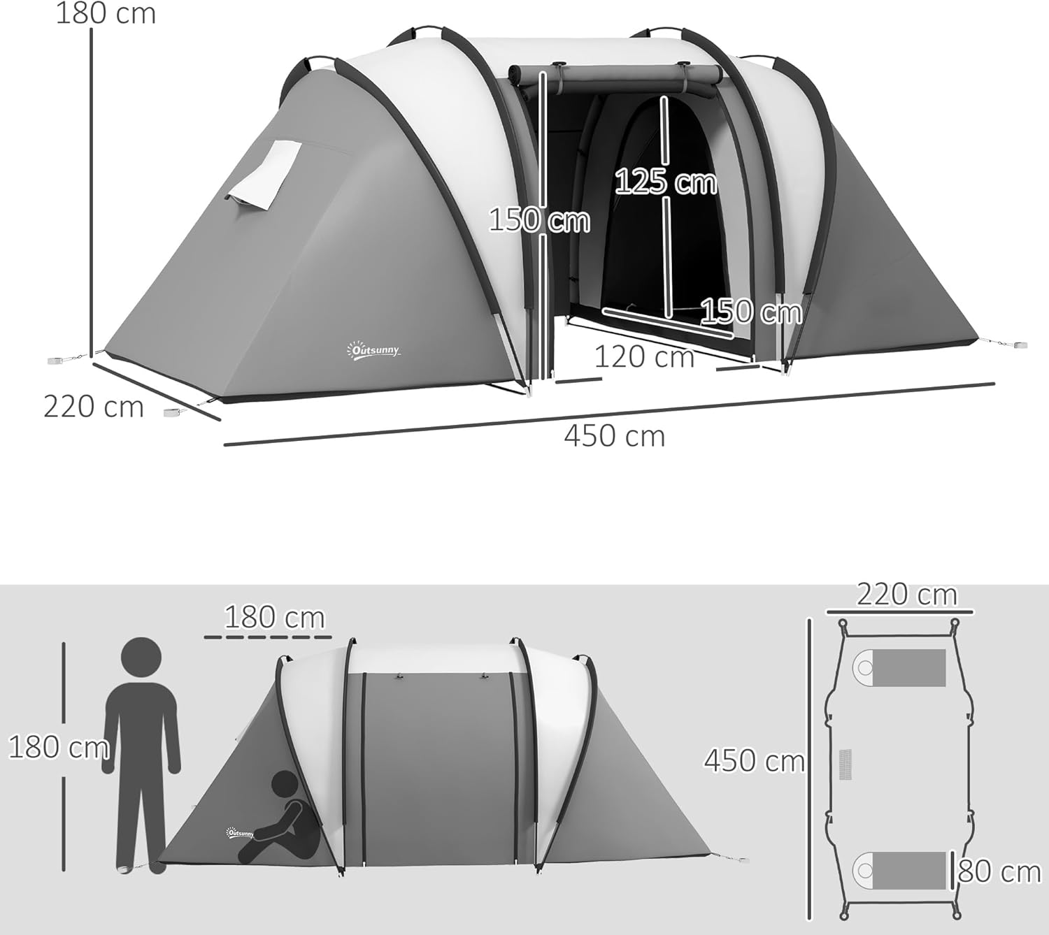 Thumbnail 6 de Outsunny Tente de Camping familiale 4-5 personnes, 2 chambres, 3000 mm – montage facile