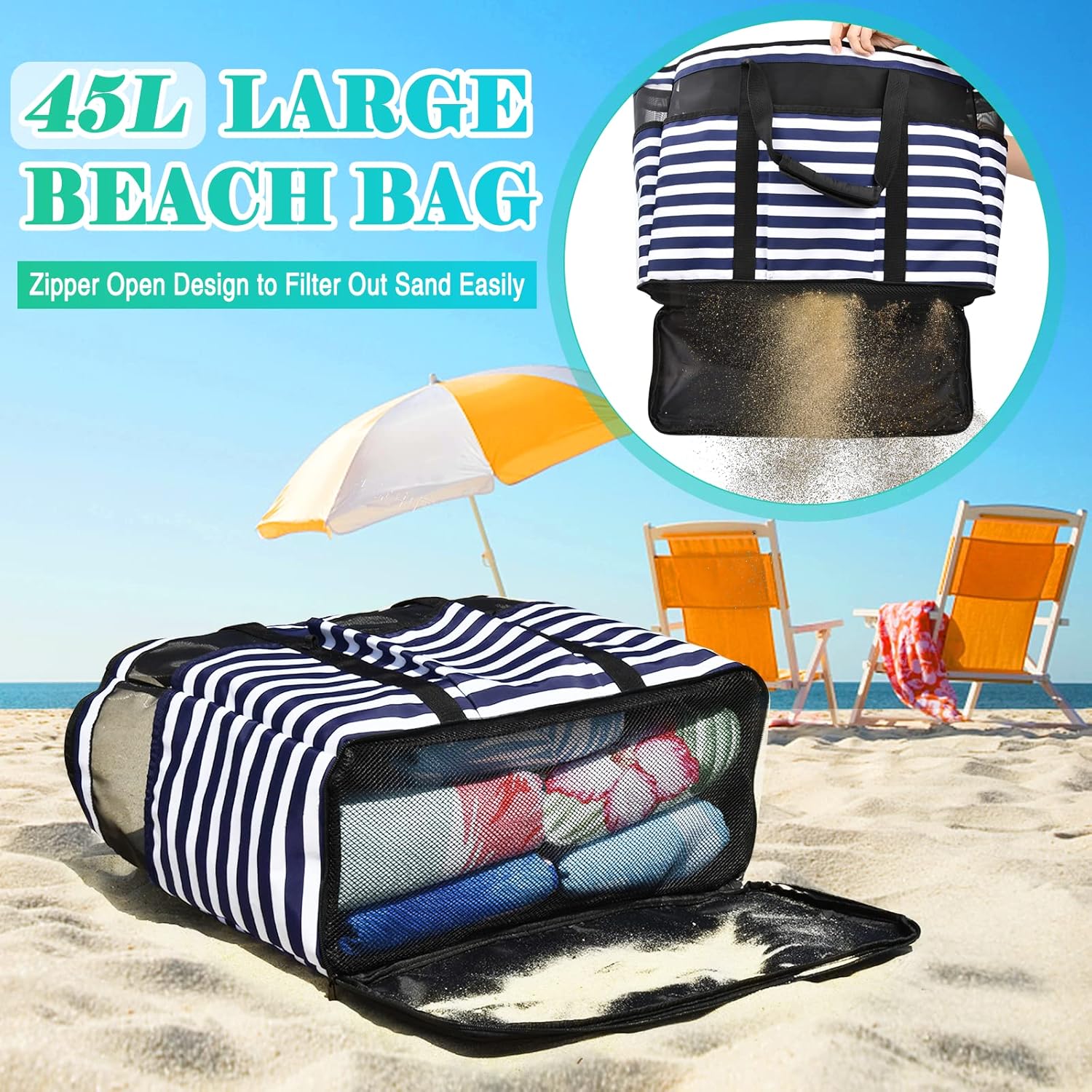 Thumbnail 5 de JUYANO Große Strandtasche mit Reißverschluss, wasserdichtes XXL-Format (45L) – Familie Badetasche Strandtasche