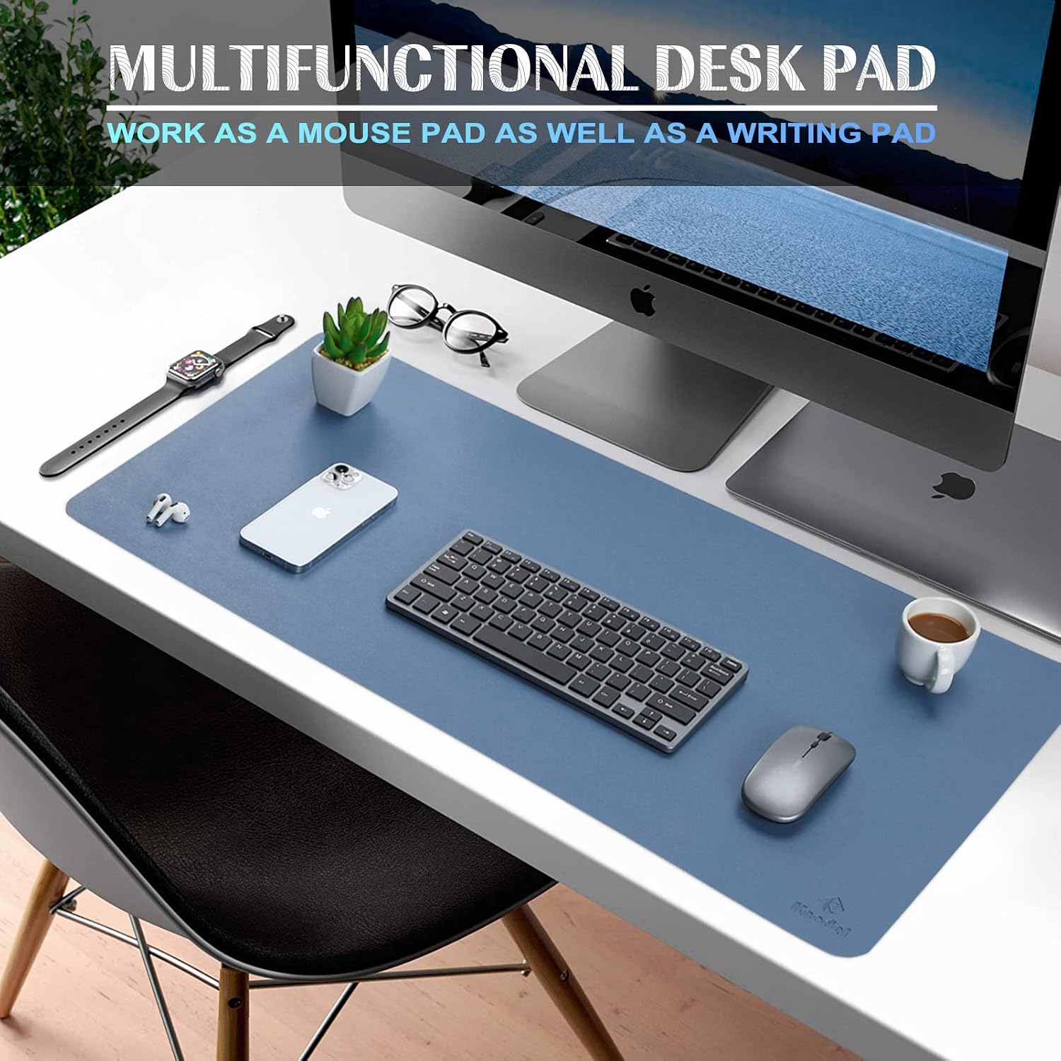 Detalle 2 de K KNODEL Large Office Desk Mat, Faux Leather, Lake Blue, 31.5" x 15.7