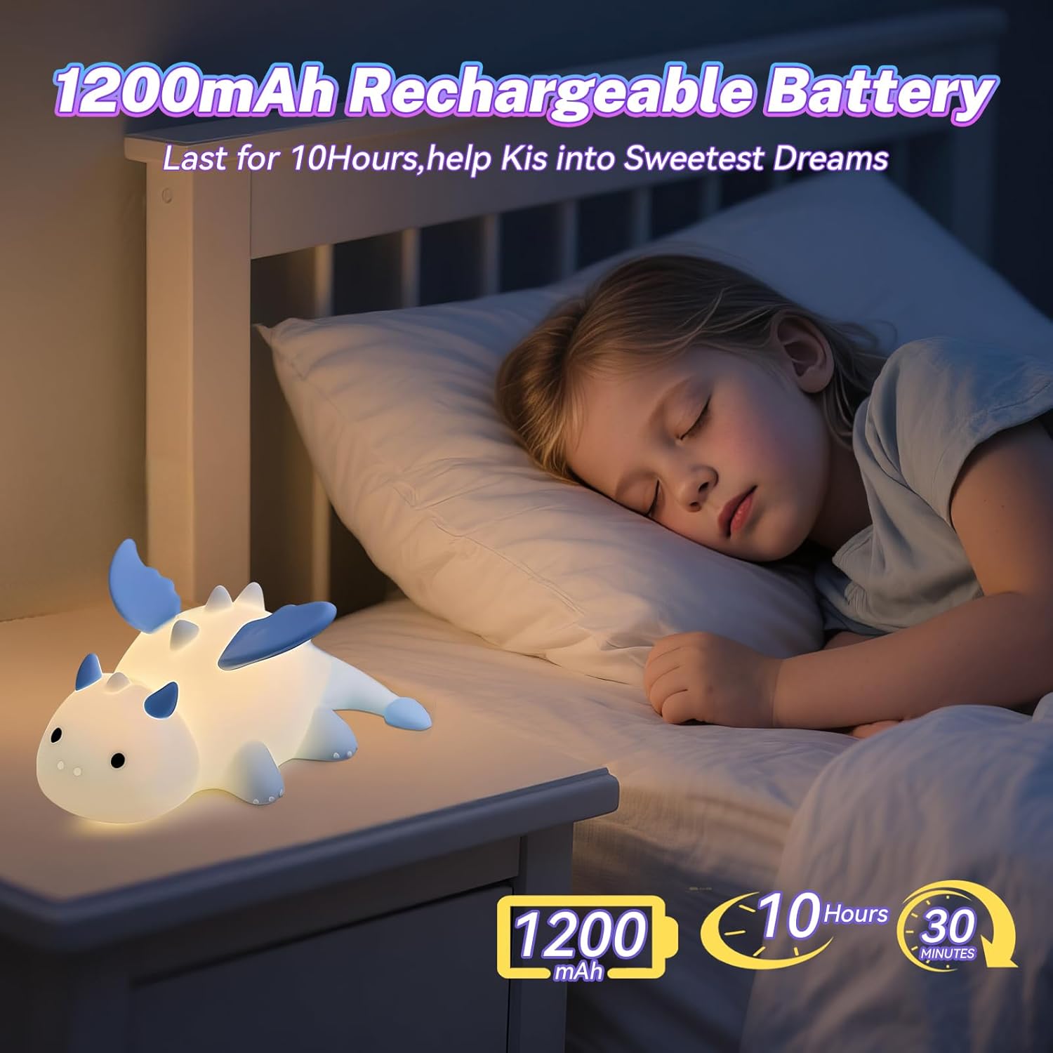 Thumbnail 6 de AVEKI Night Light for Kids – Cute Milk Dragon Silicone Lamp (Blue) with 7 Colours, Dimmable & Rechargeable