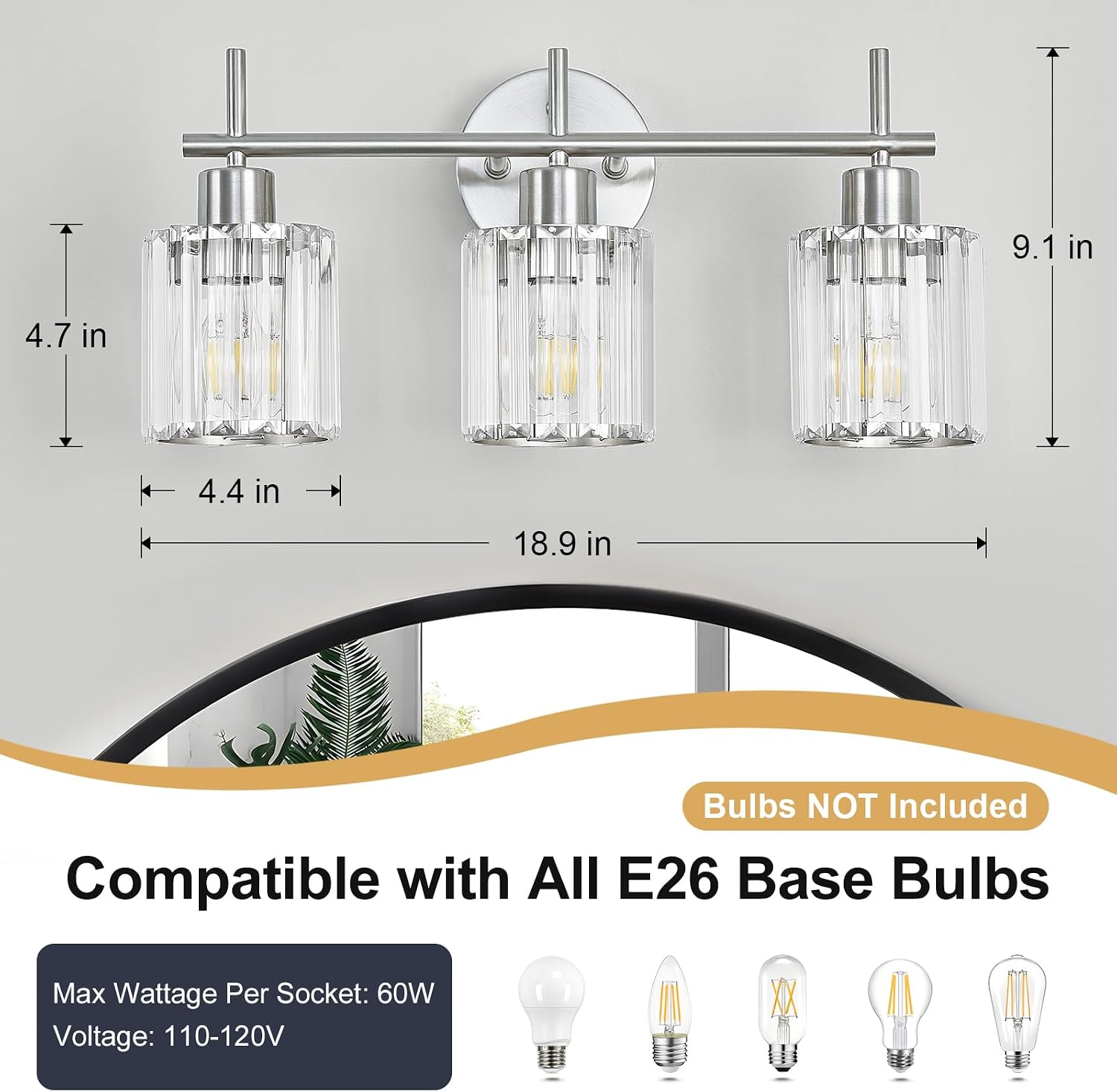 Detalle de Dvnctz DC20260411AA 3-Light Vanity Light, Brushed Nickel with Crystal Shades
