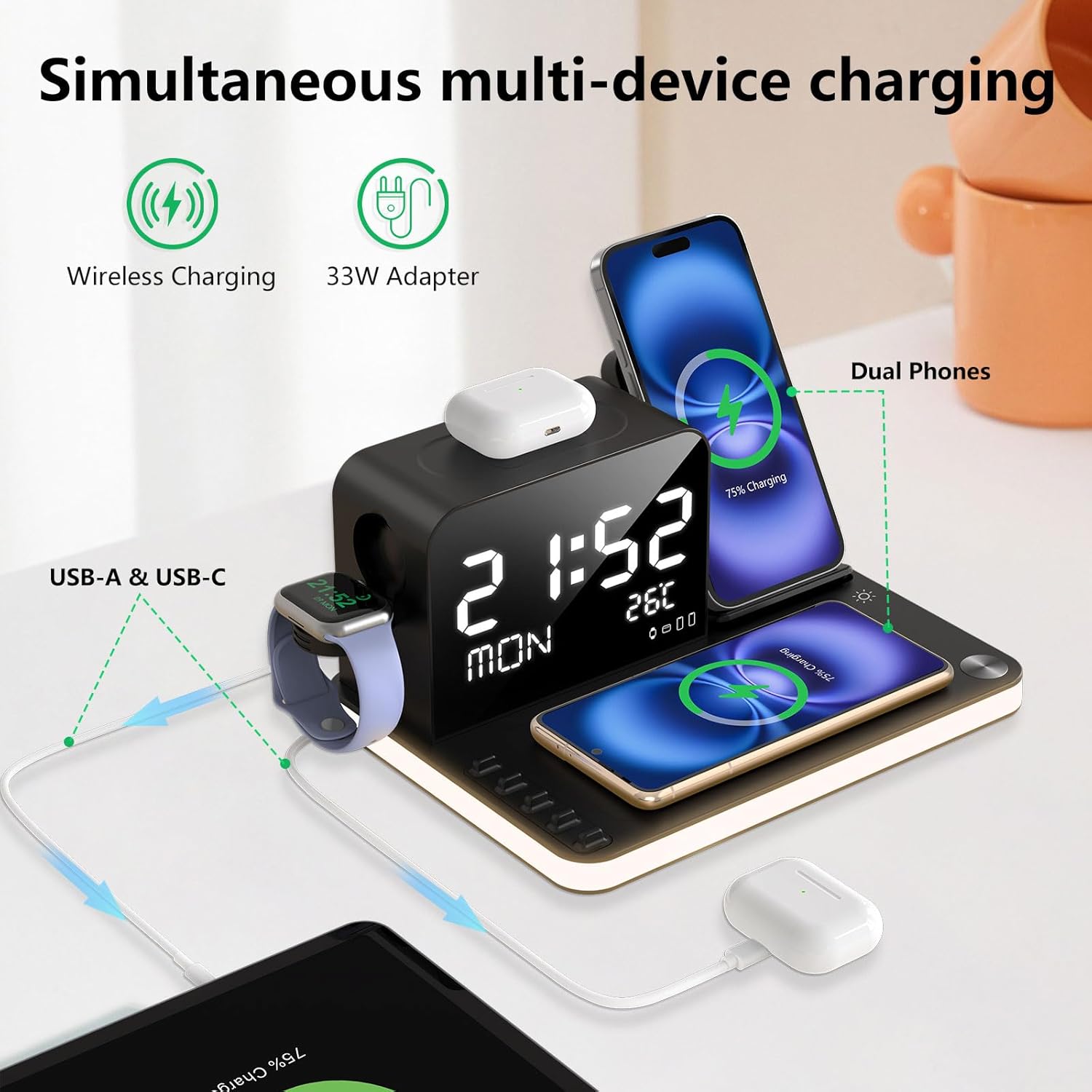 Detalle de Caricabatterie wireless 7 in 1 con orologio e luce notturna: ricarica rapida per iPhone, AirPods, Apple Watch e altro